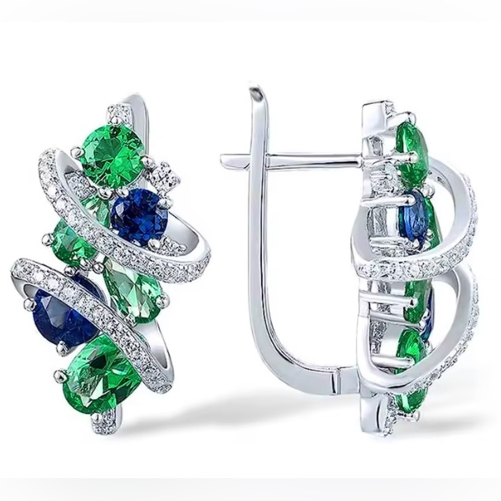 Green Blue Cubic Zirconia Hoop Earrings. - Picture 3 of 4